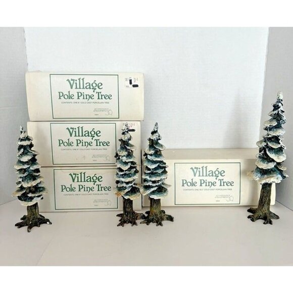 Lot of 4 Department 56 Village Pole Pine Tree Christmas Snow Village Decorations